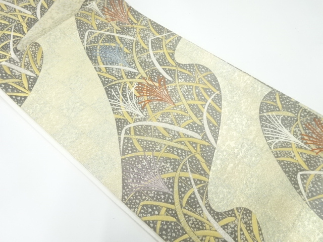 流水に芝草模様織出し袋帯